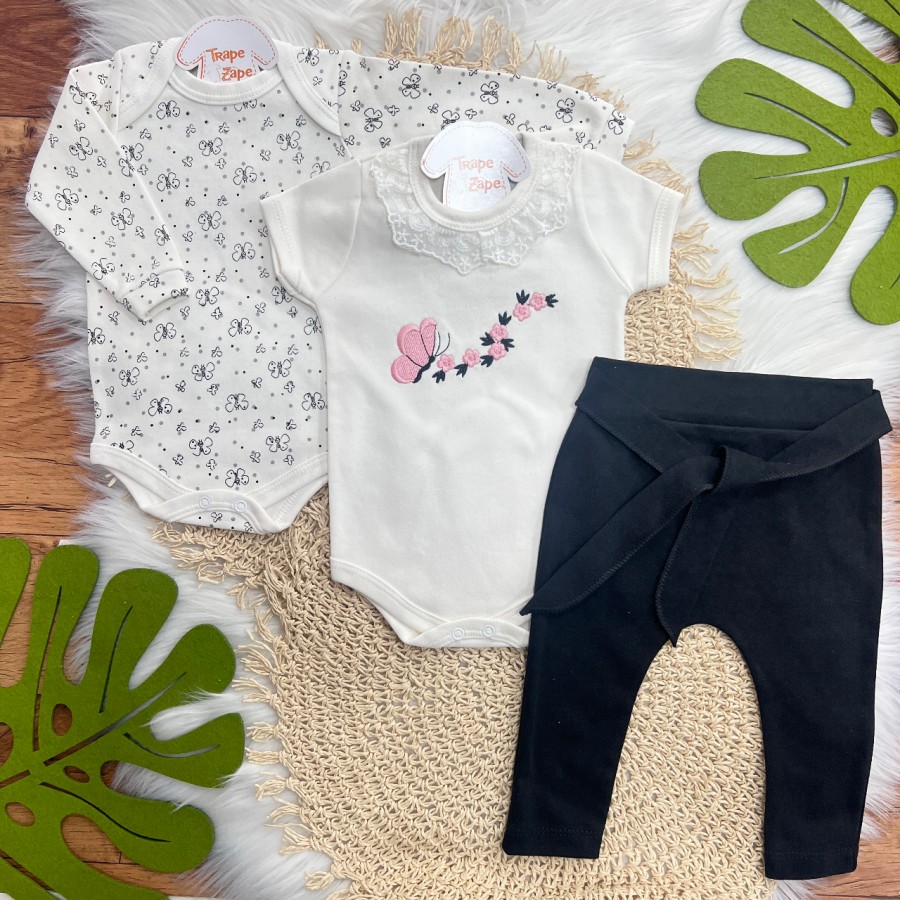 Conj. de Malha 3 peças - Borboletas com Ramo de Flores - Off White e Preto
